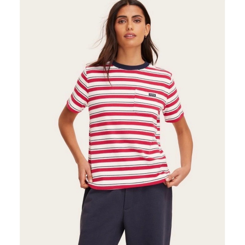 NOT FOR SALE. Womens Red White Striped Pocket T-Shirt Navy Trim XS
